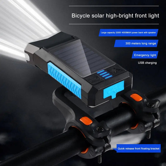 Waterproof LED Bicycle Light , 2-4000Mah Solar Rechargeable MTB Mountain Road Bike Front Lamp Flashlight with Bicycle Bell 130Db
